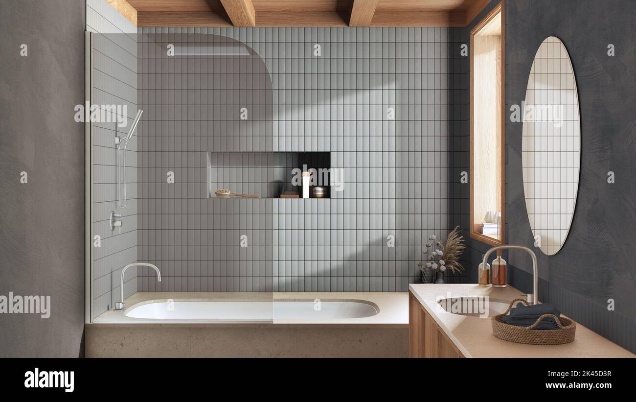Japandi minimalist bathroom in white and gray tones, Marble bathtub and ...