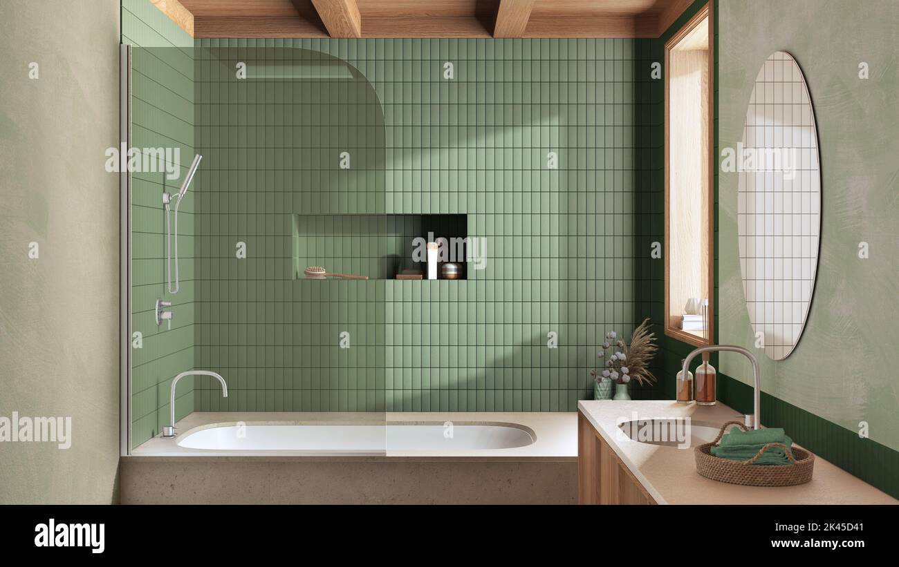 Japandi minimalist bathroom in white and green tones, Marble bathtub ...