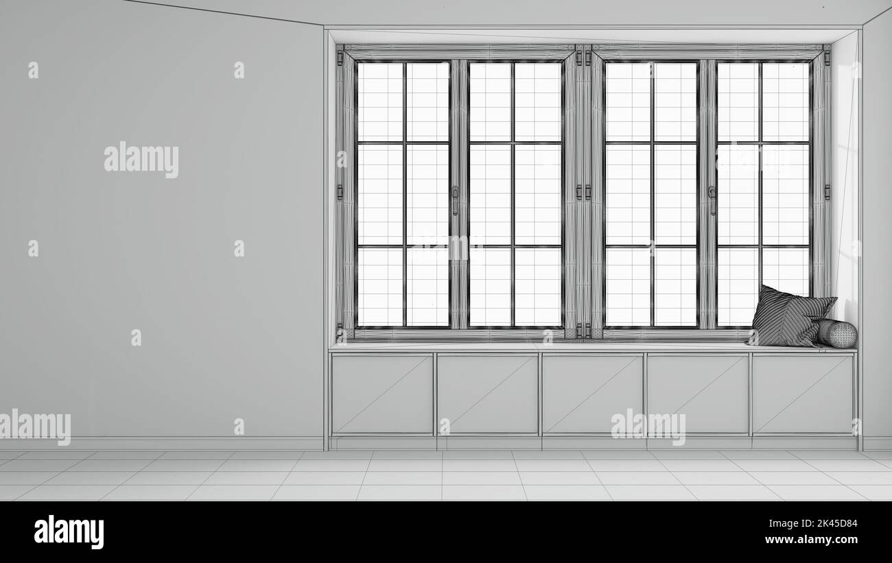 Blueprint unfinished project draft, country panoramic window with ...