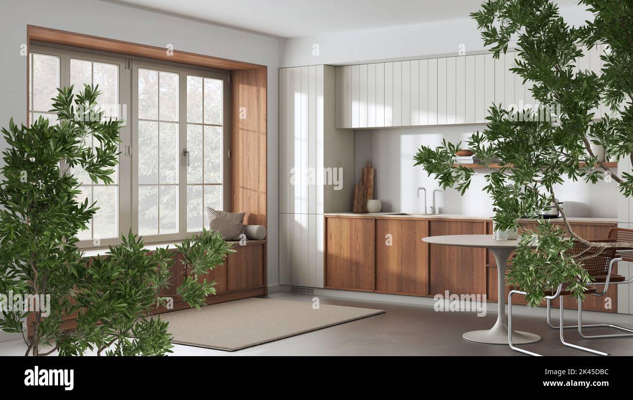 Green summer or spring leaves, tree branch over interior design scene ...