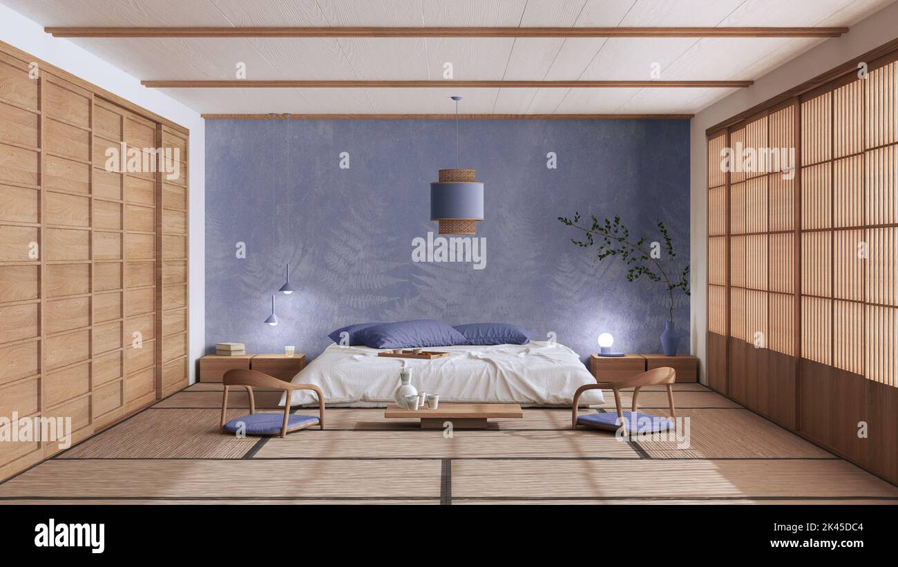 Minimalist bedroom in white and purple tones, japanese style. Double bed,  tatami mats, meditation zen space. Japandi interior design Stock Photo -  Alamy