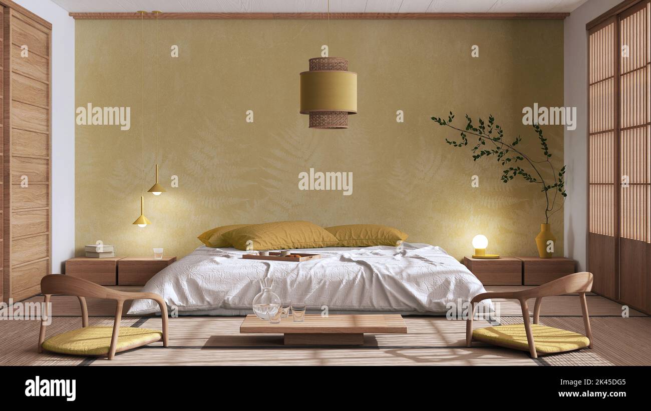 Japandi bedroom in white and yellow tones, japanese style. Double bed ...