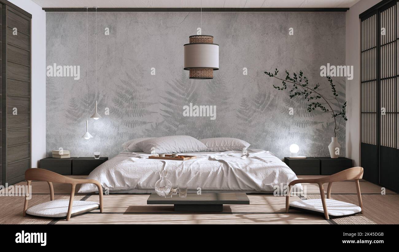 Japandi bedroom in white and dark tones, japanese style. Double bed ...