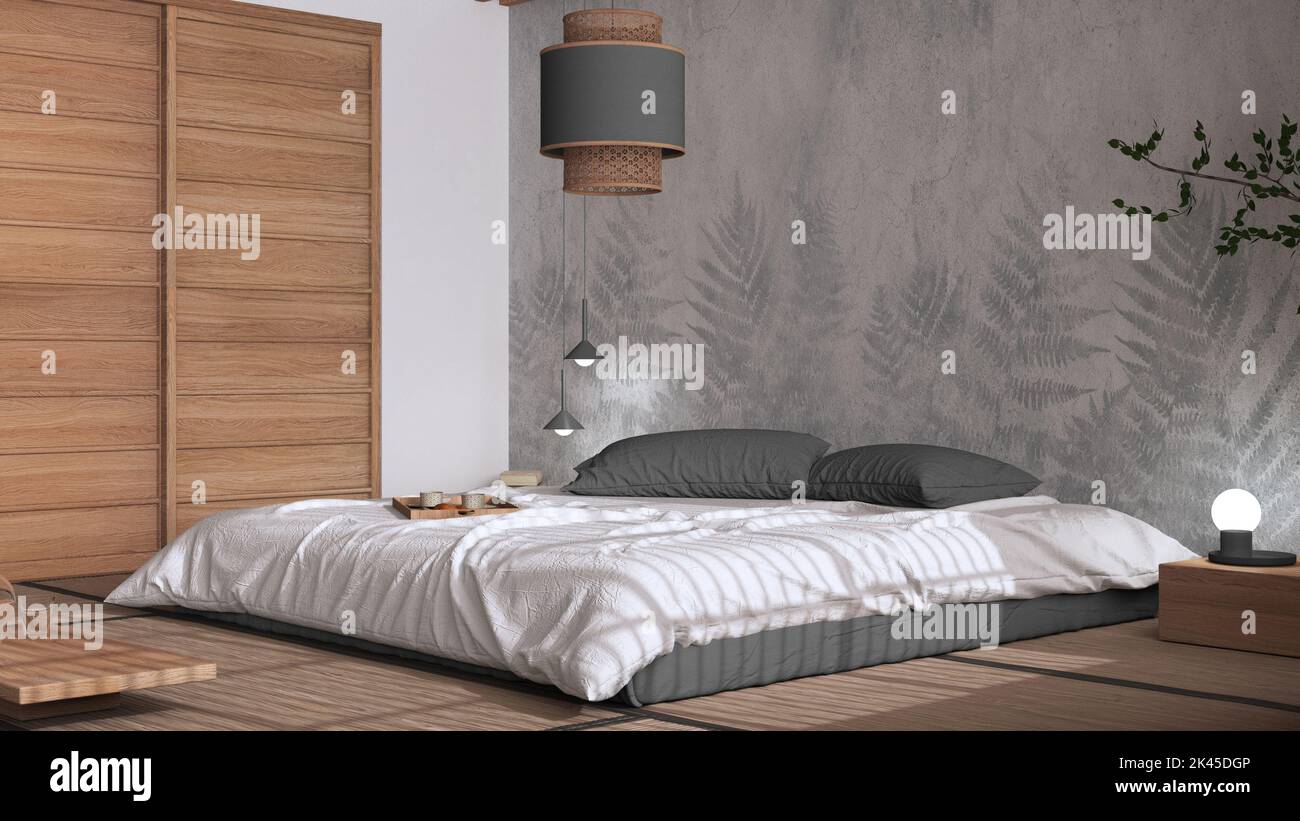 Japandi bedroom in white and gray tones, japanese style. Double bed ...