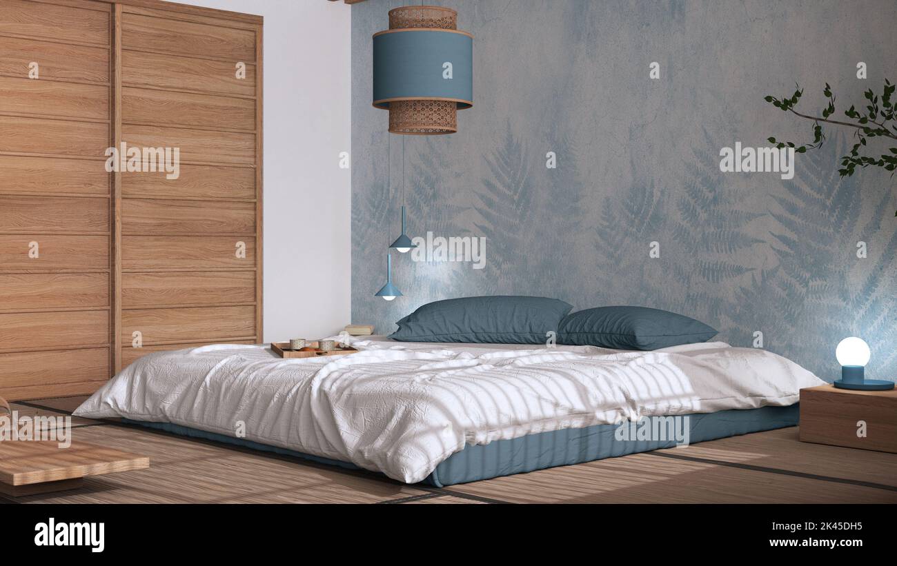 Japandi bedroom in white and blue tones, japanese style. Double bed ...