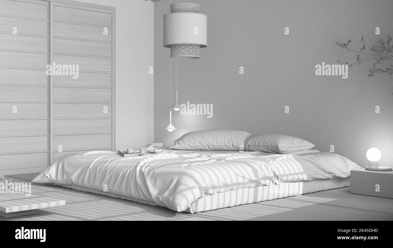 Total white project draft, japandi bedroom, japanese style. Double bed ...