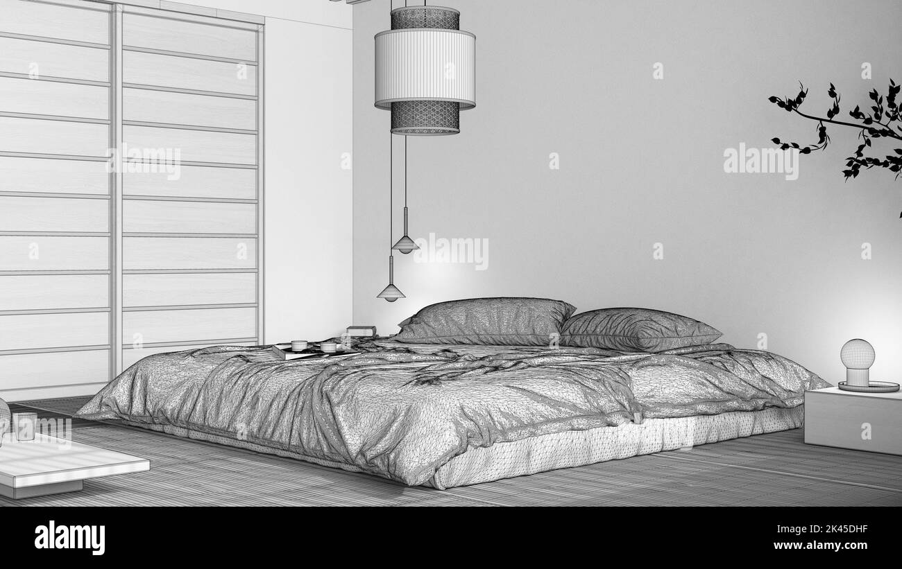 Blueprint unfinished project draft, japandi bedroom, japanese style