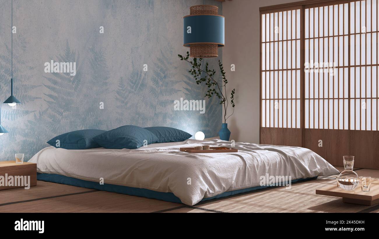 Japanese bedroom in white and blue tones, zen style. Double bed, tatami ...
