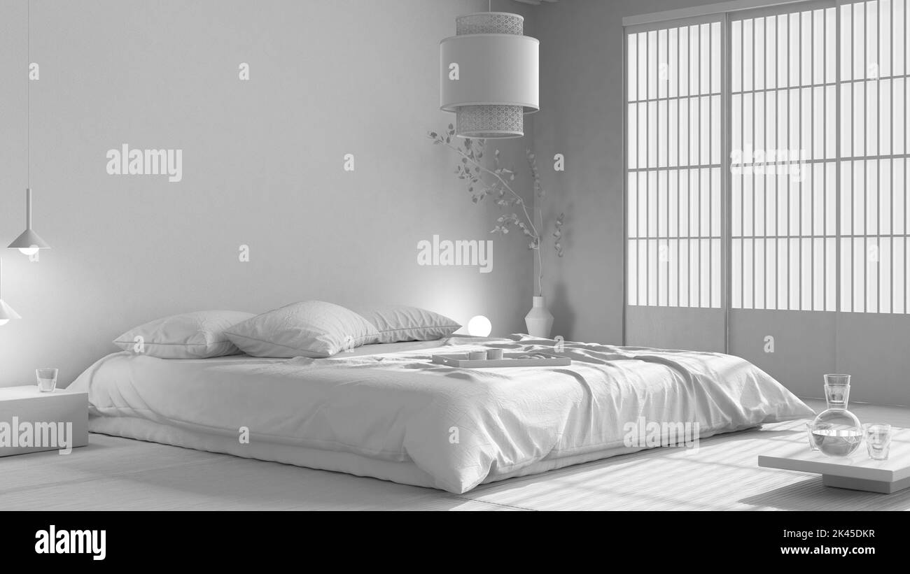 Total white project draft, japanese bedroom, zen style. Double bed