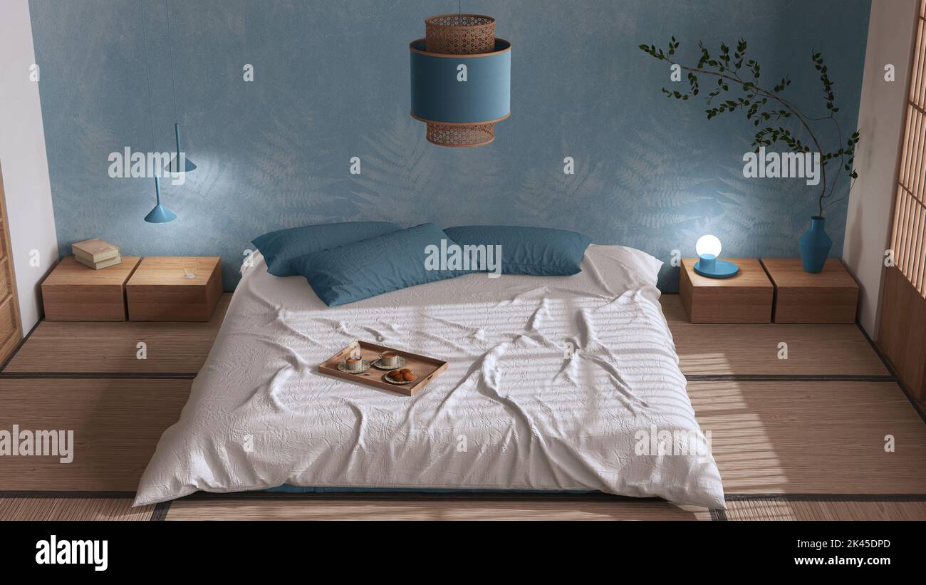 Japandi bedroom in white and blue tones, japanese style. Double bed ...