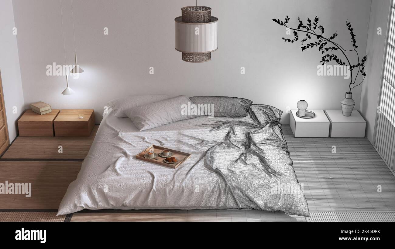 Architect interior designer concept: hand-drawn draft unfinished ...