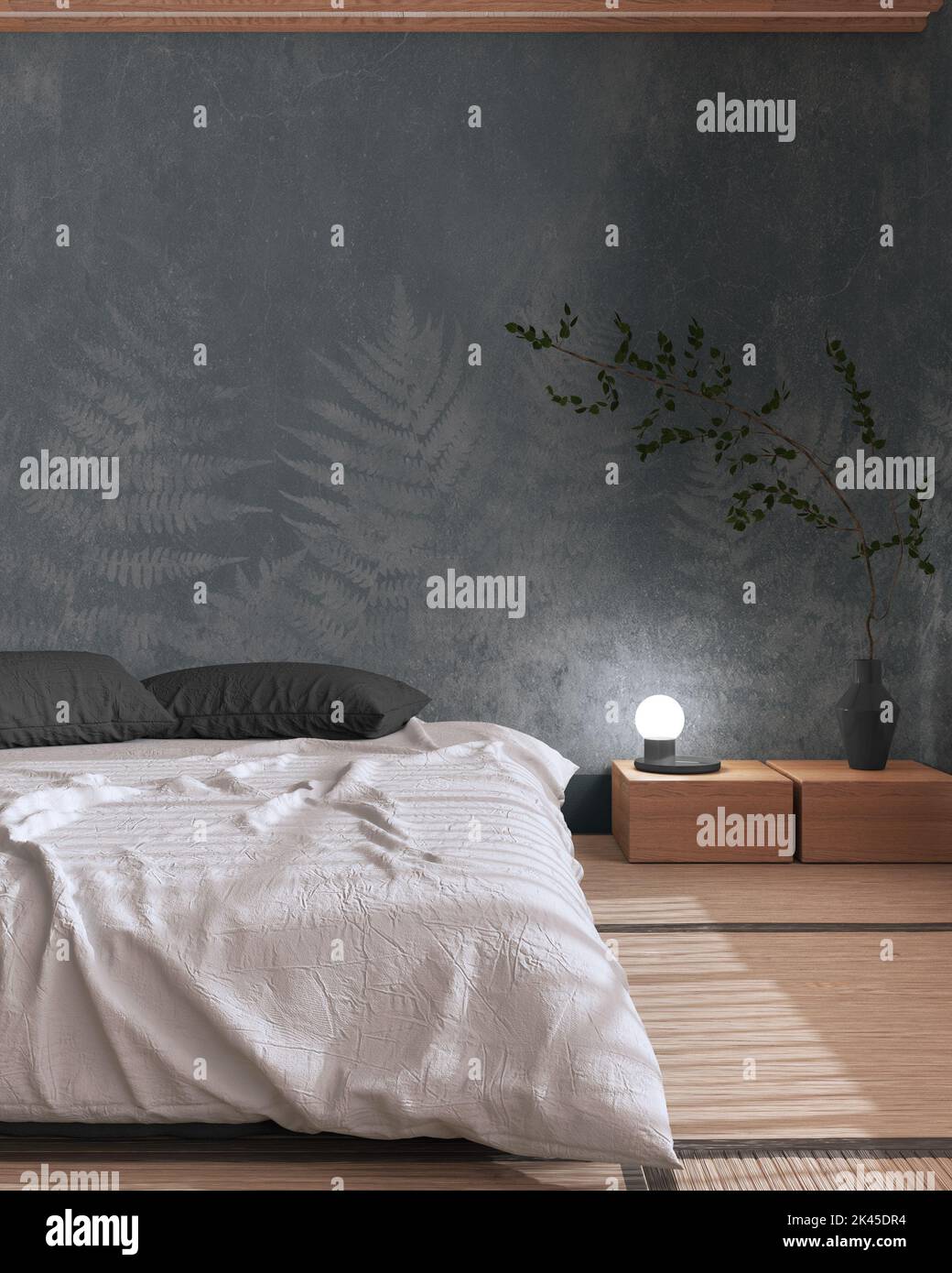 Japandi bedroom mock up in white and gray tones. Japanese minimal ...