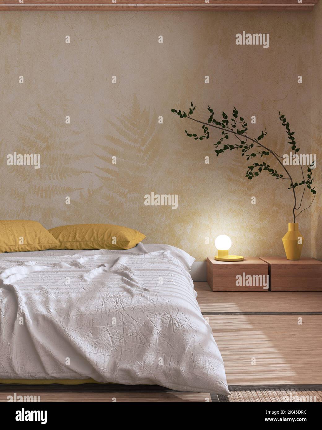 Japandi bedroom mock up in white and yellow tones. Japanese minimal ...