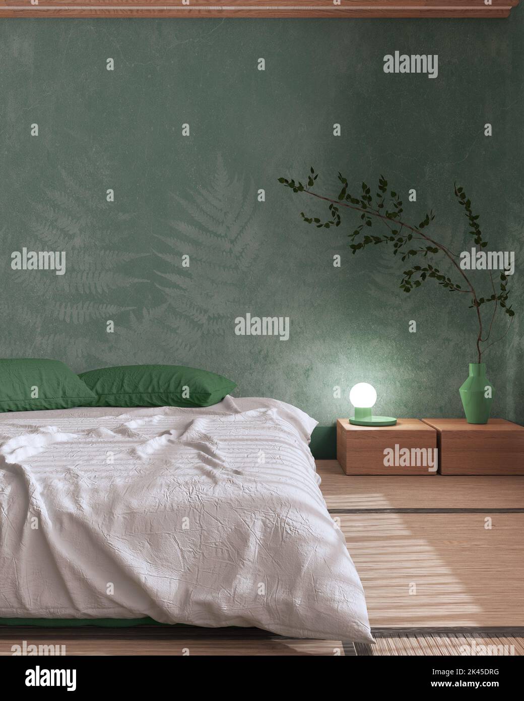 Japandi bedroom mock up in white and green tones. Japanese minimal ...