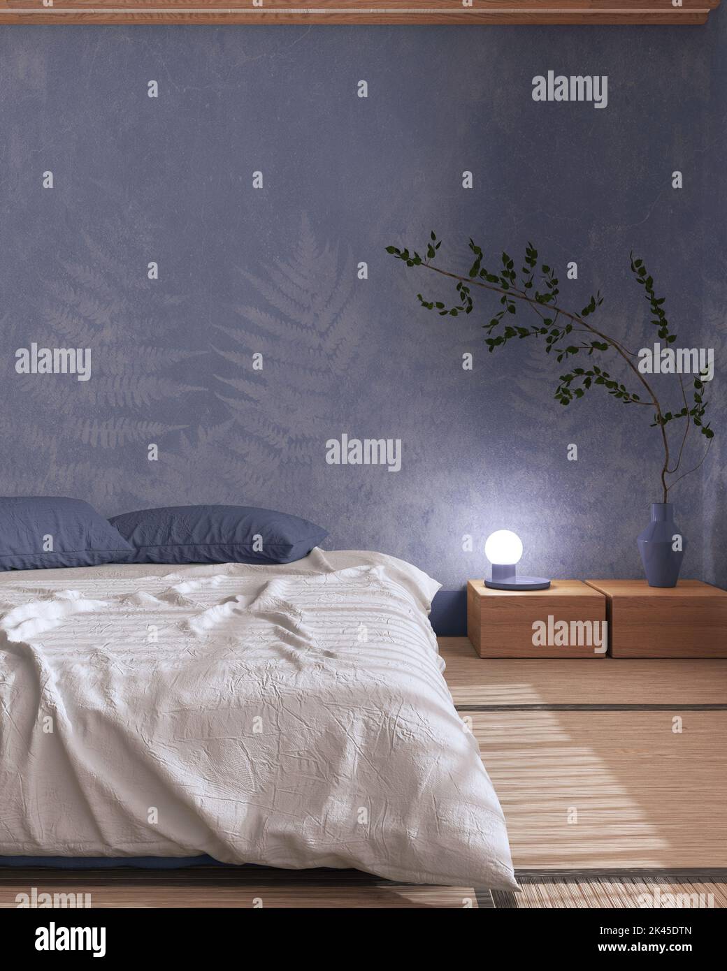 Japandi bedroom mock up in white and violet tones. Japanese minimal