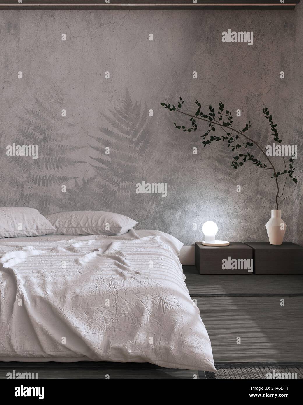 Japandi bedroom mock up in white and dark tones. Japanese minimal ...