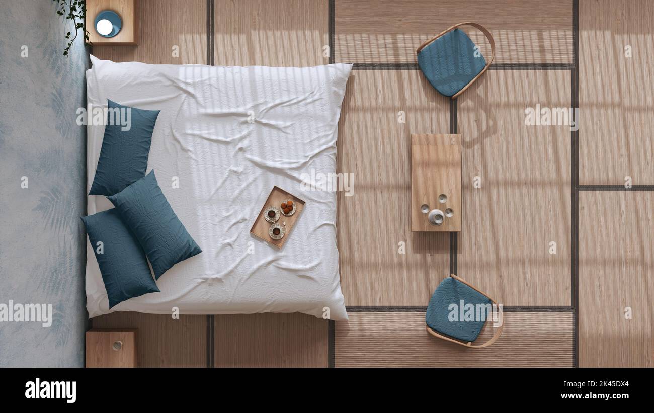 Japandi bedroom in white and blue tones, japanese style. Double bed ...