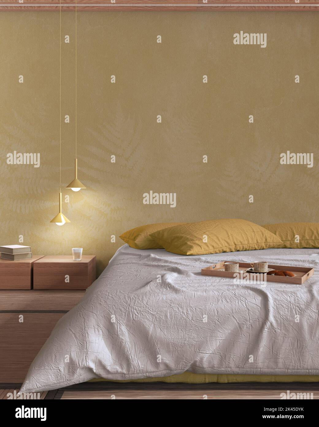 Japandi bedroom mock up in white and yellow tones. Bed with pillows ...