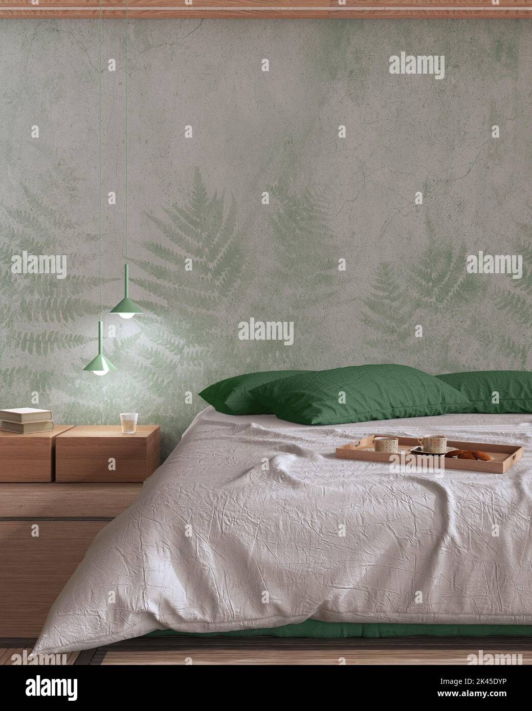 Japandi bedroom mock up in white and green tones. Bed with pillows ...