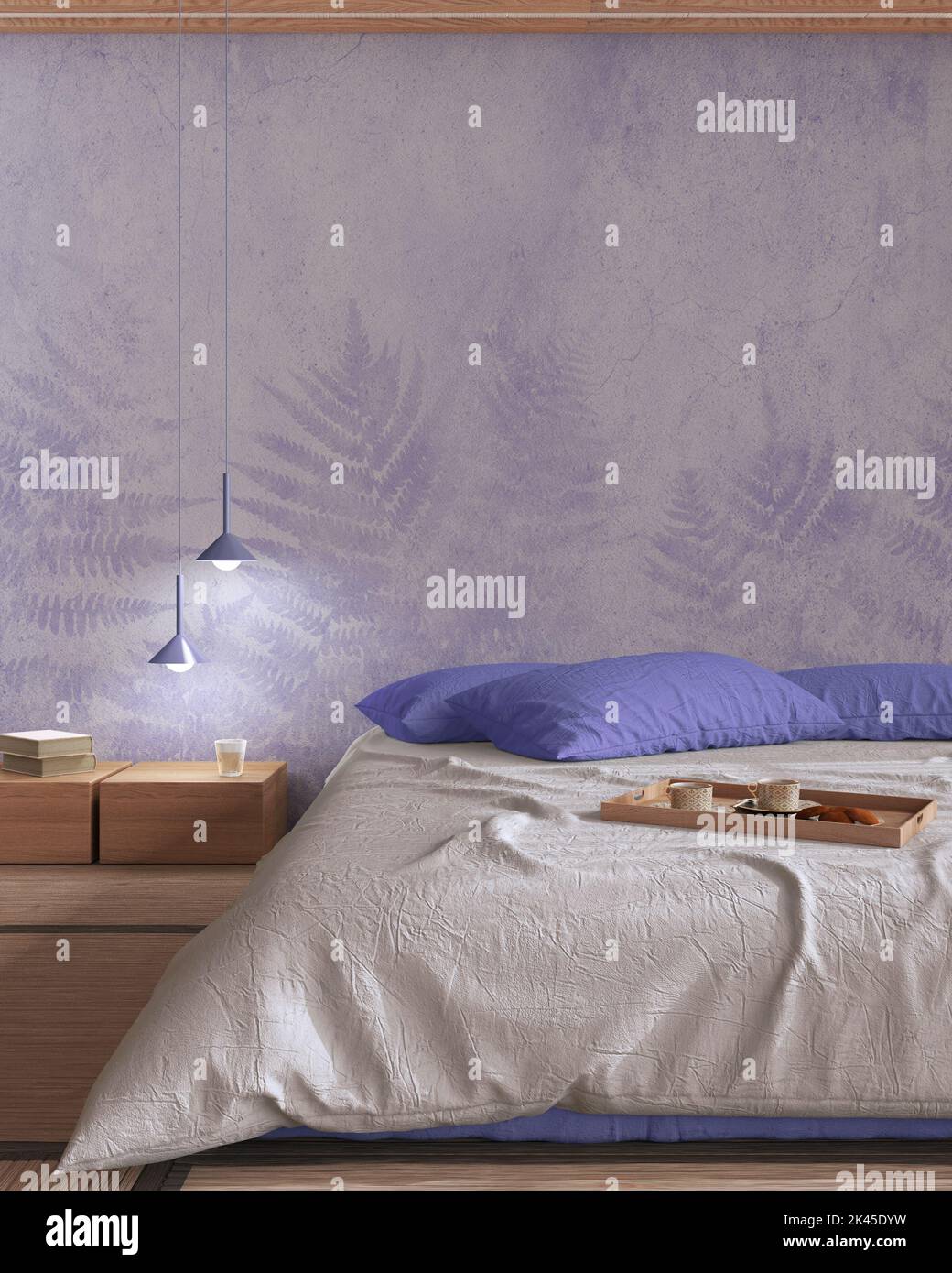 Japandi bedroom mock up in white and purple tones. Bed with pillows ...