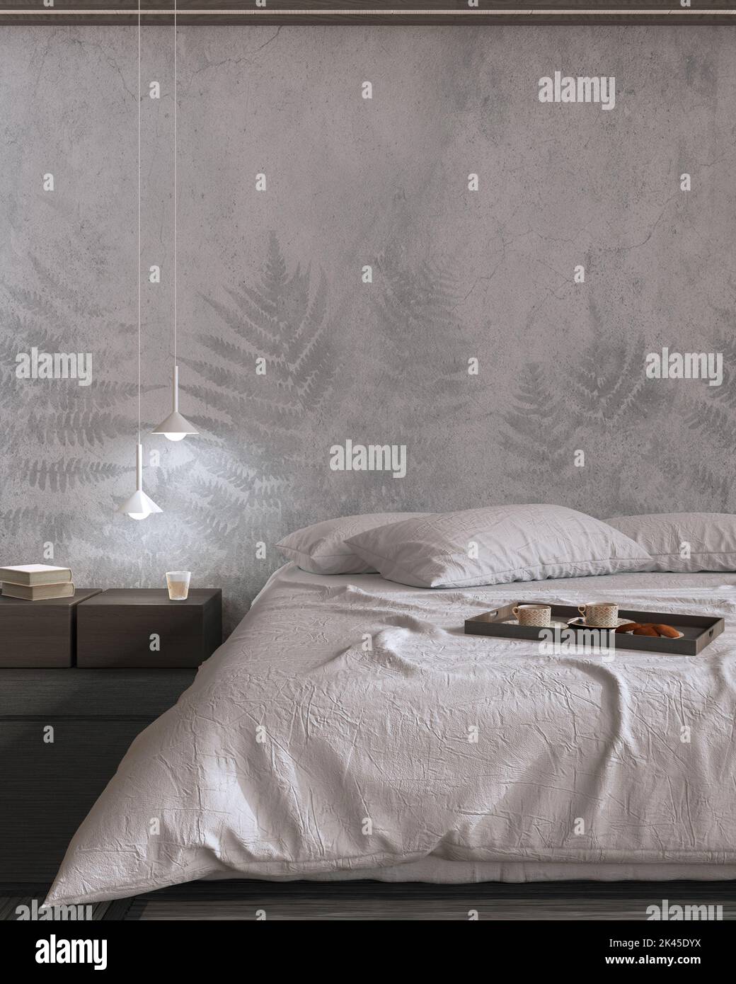 Japandi bedroom mock up in white and dark tones. Bed with pillows ...