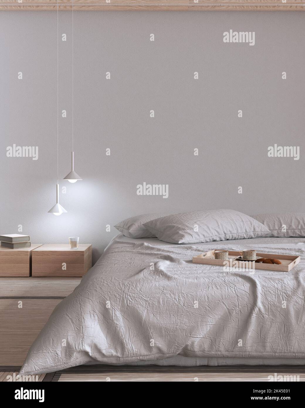Japandi bedroom mock up in white and bleached tones. Bed with pillows ...