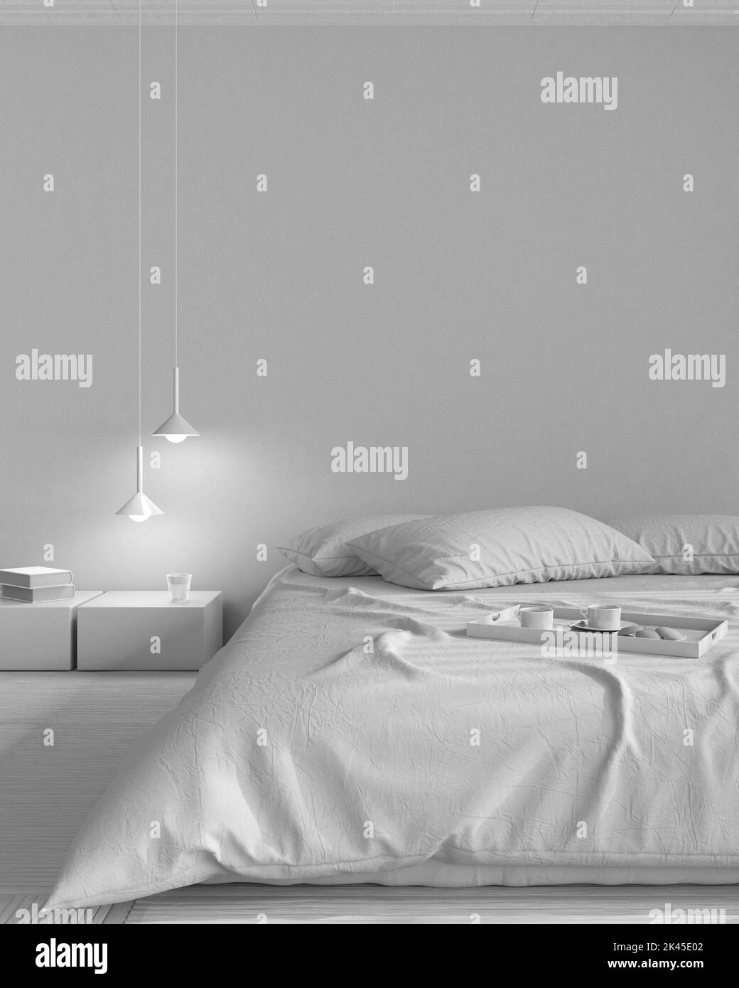 Total white project draft, japandi bedroom mock up. Bed with pillows