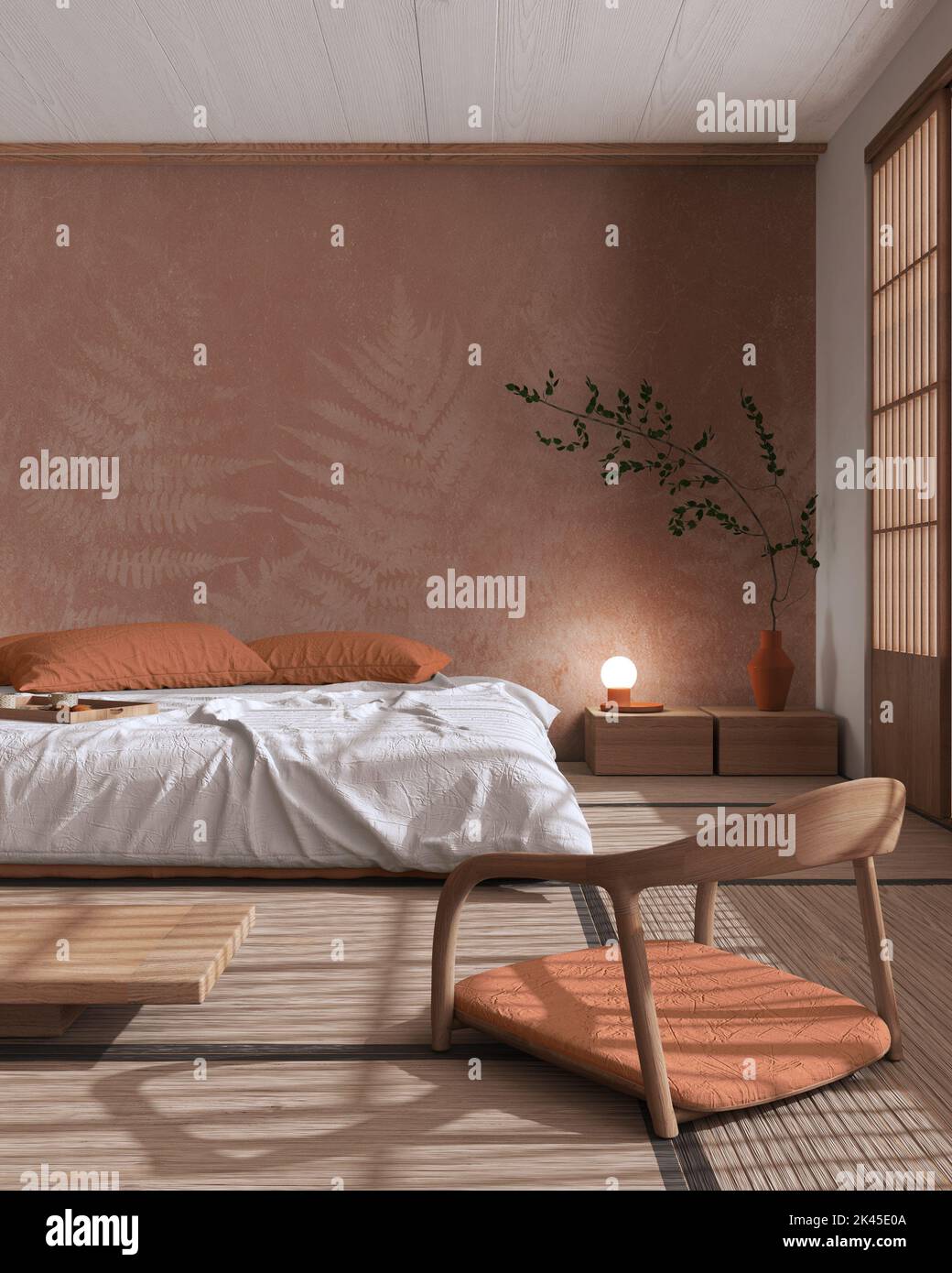 Japandi bedroom mock up in white and orange tones. Bed with pillows ...