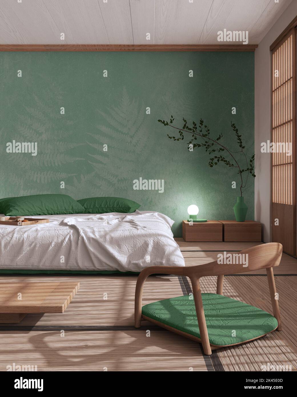 Japandi bedroom mock up in white and green tones. Bed with pillows ...