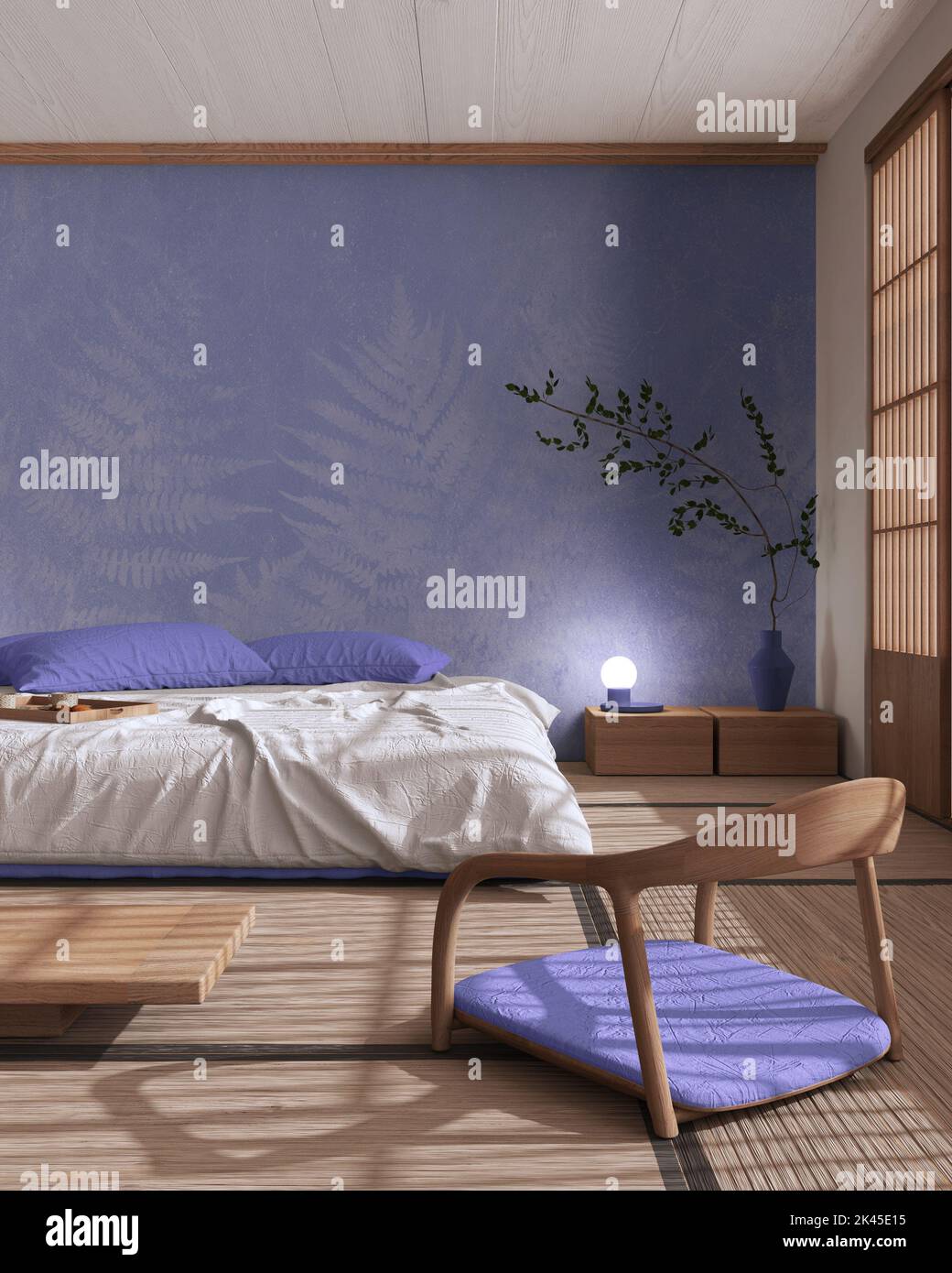 Japandi bedroom mock up in white and purple tones. Bed with pillows ...