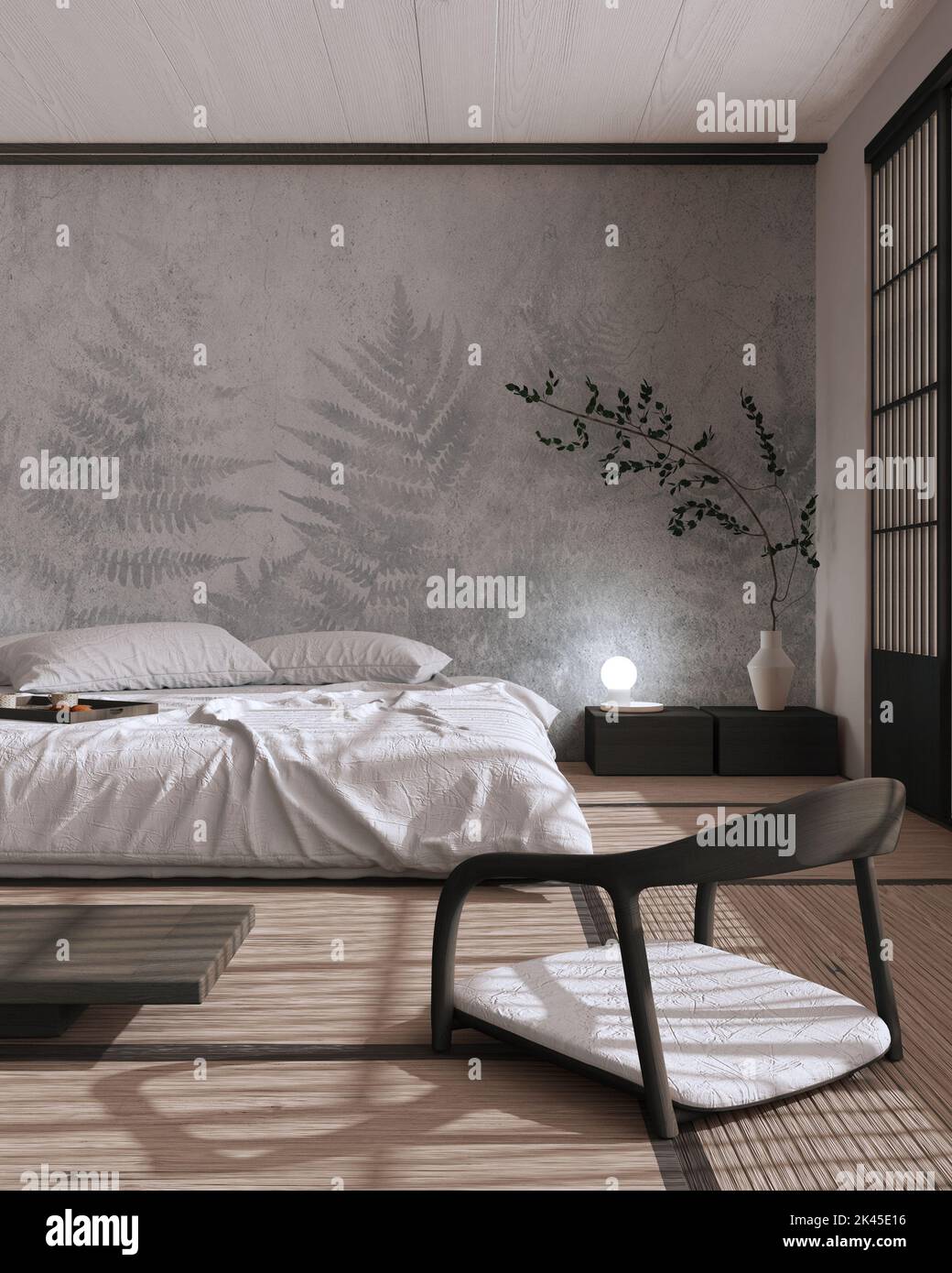 Japandi bedroom mock up in white and dark tones. Bed with pillows