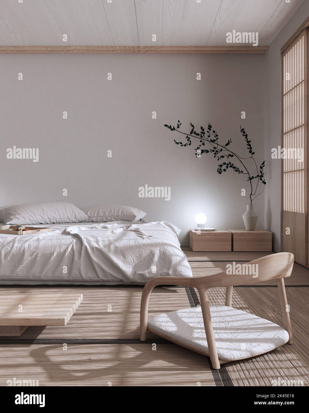 Japandi bedroom mock up in white and bleached tones. Bed with pillows ...
