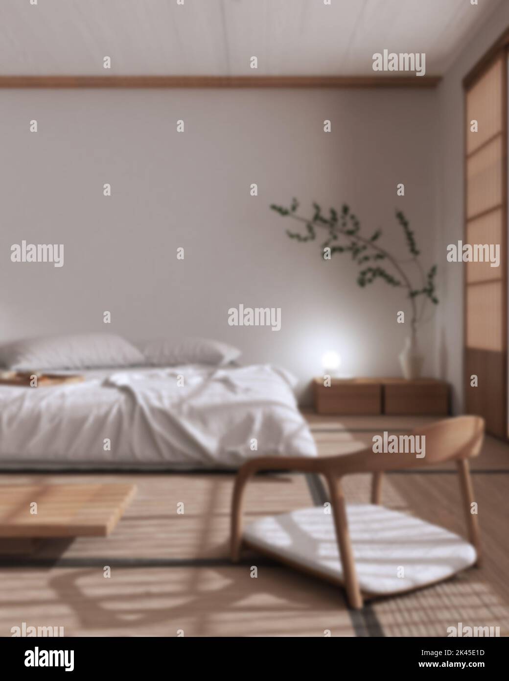 Blurred background, japandi bedroom mock up. Bed with pillows