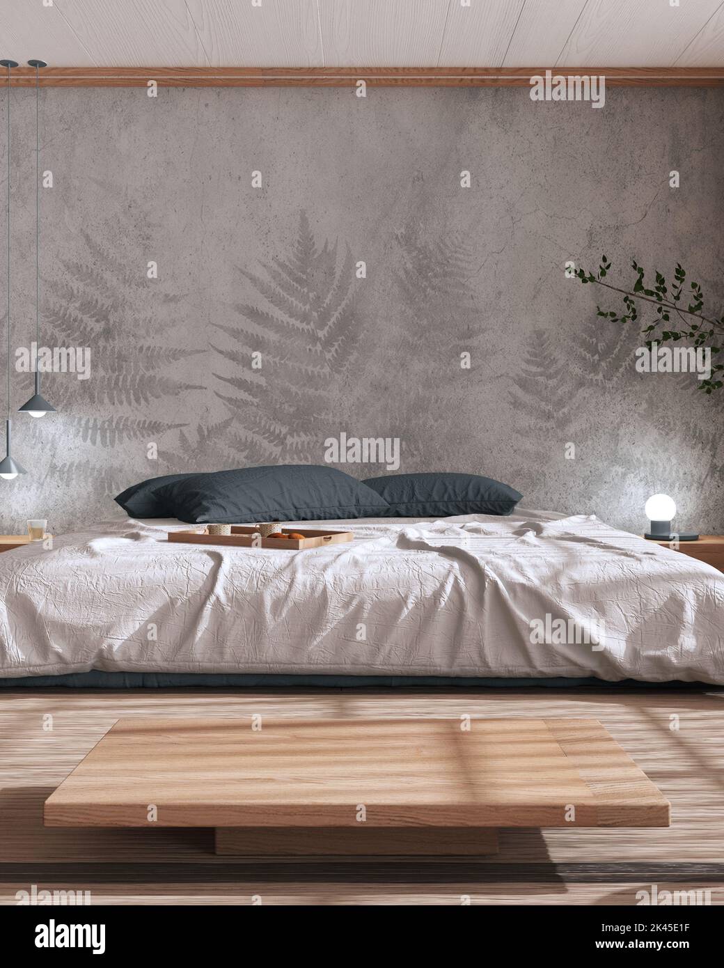 Japandi bedroom mock up in white and gray tones. Bed with pillows ...