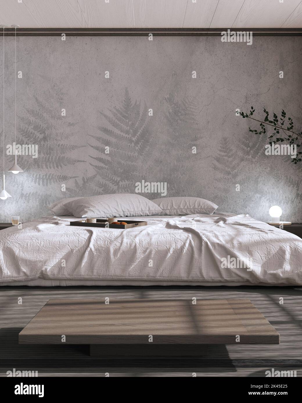 Japandi bedroom mock up in white and dark tones. Bed with pillows ...