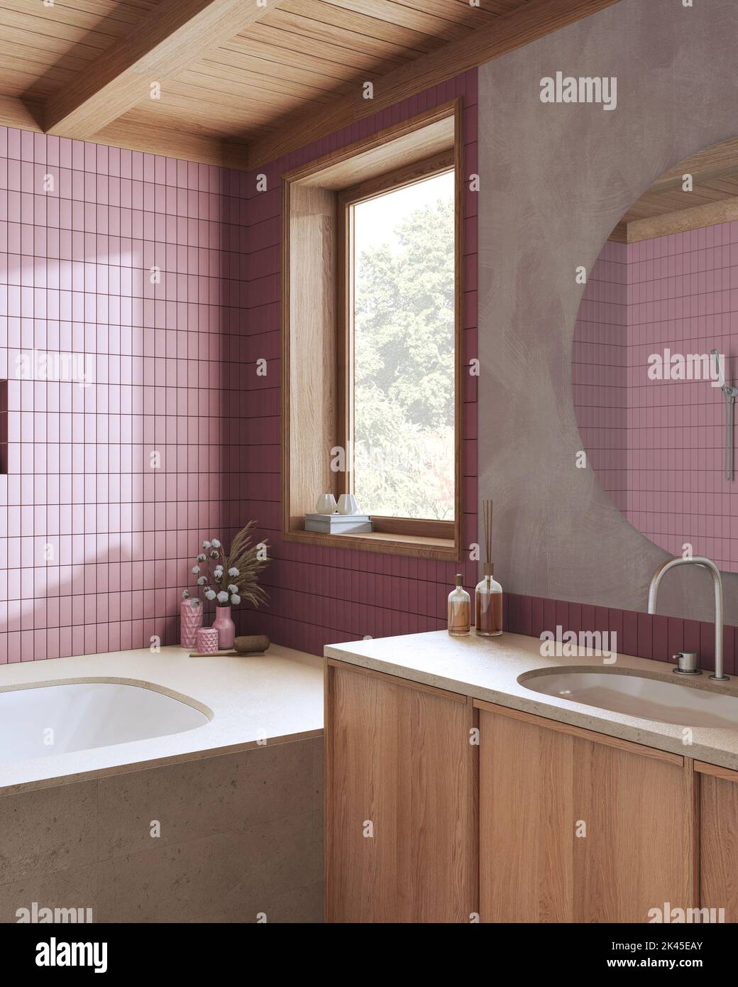 Wooden boho bathroom in red and beige tones. Marble bathtub, washbasin ...
