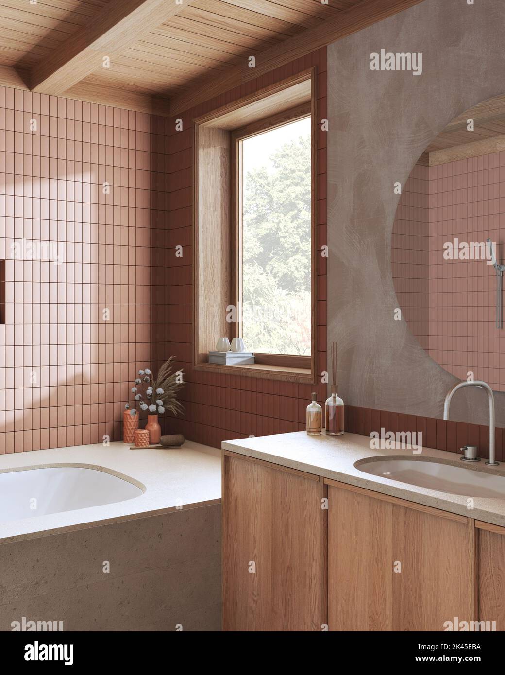 Wooden boho bathroom in orange and beige tones. Marble bathtub ...