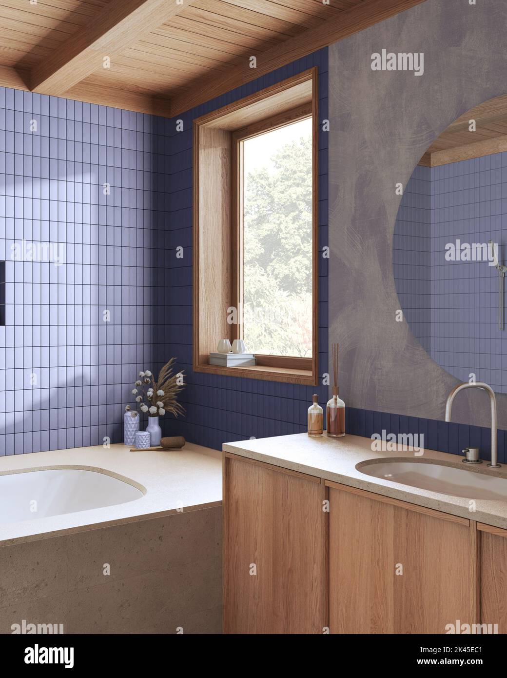 Wooden boho bathroom in purple and beige tones. Marble bathtub ...