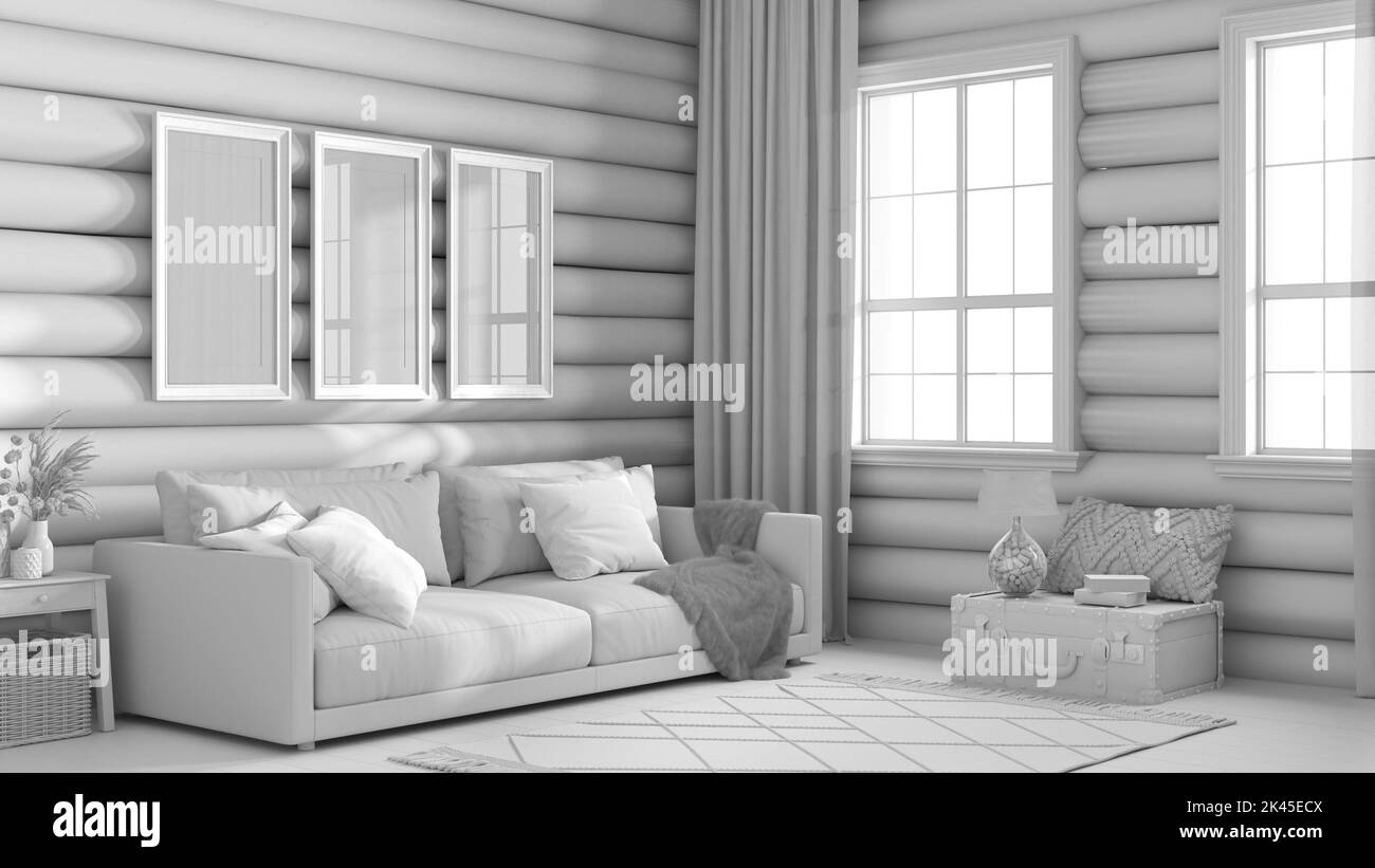 Total white project draft, wooden farmhouse log cabin. Fabric sofa, carpet and windows. Frame mockup, rustic interior design Stock Photo