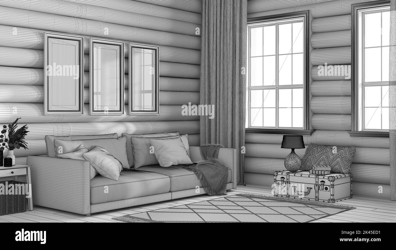 Blueprint unfinished project draft, wooden farmhouse log cabin. Fabric sofa, carpet and windows. Frame mockup, rustic interior design Stock Photo