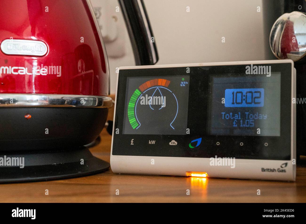 British Gas smart meter showing amount of electricity being used while boiling a kettle UK Stock Photo