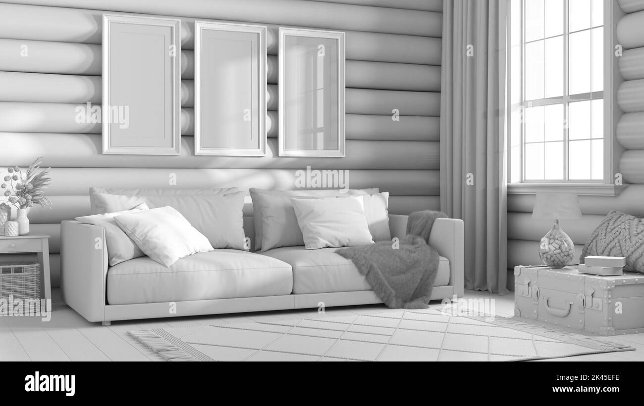 Total white project draft, log cabin living room. Fabric sofa, carpet and windows. Frame mockup, farmhouse interior design Stock Photo