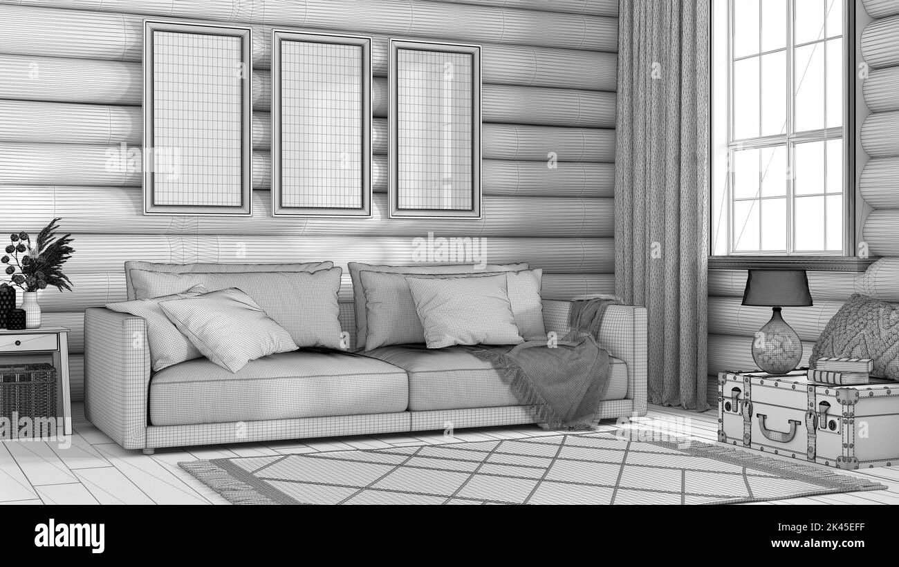 Blueprint unfinished project draft, log cabin living room. Fabric sofa, carpet and windows. Frame mockup, farmhouse interior design Stock Photo