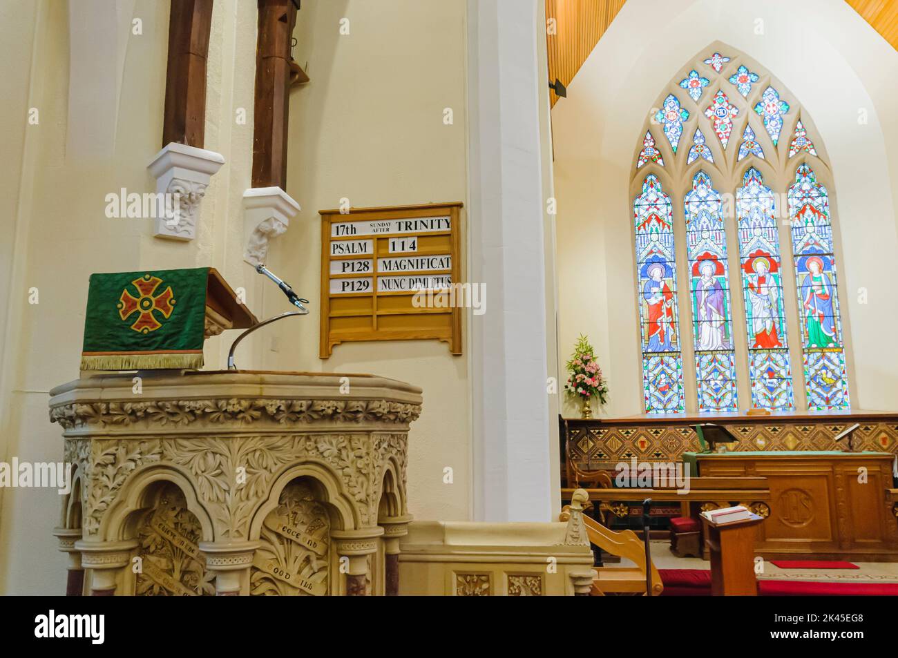 Stained glass window and pulpit inside Carnmoney Church of Ireland