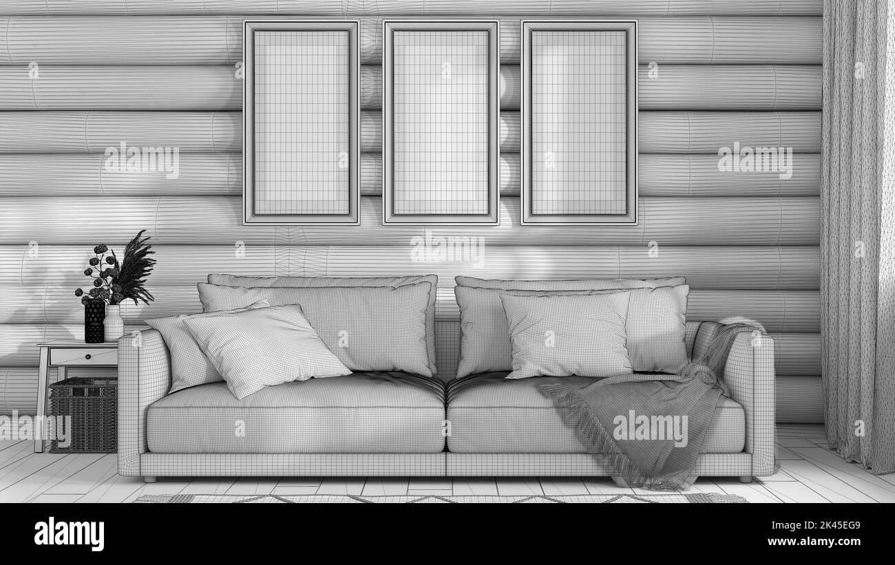 Blueprint unfinished project draft, log cabin living room, front view. Frame mock up, fabric sofa with pillows. Farmhouse interior design Stock Photo