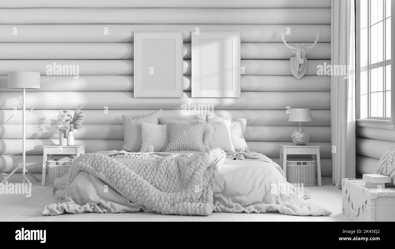 Total white project draft, log cabin bedroom. Double bed with blanket and duvet, wooden side tables. Frame mockup, farmhouse interior design Stock Photo
