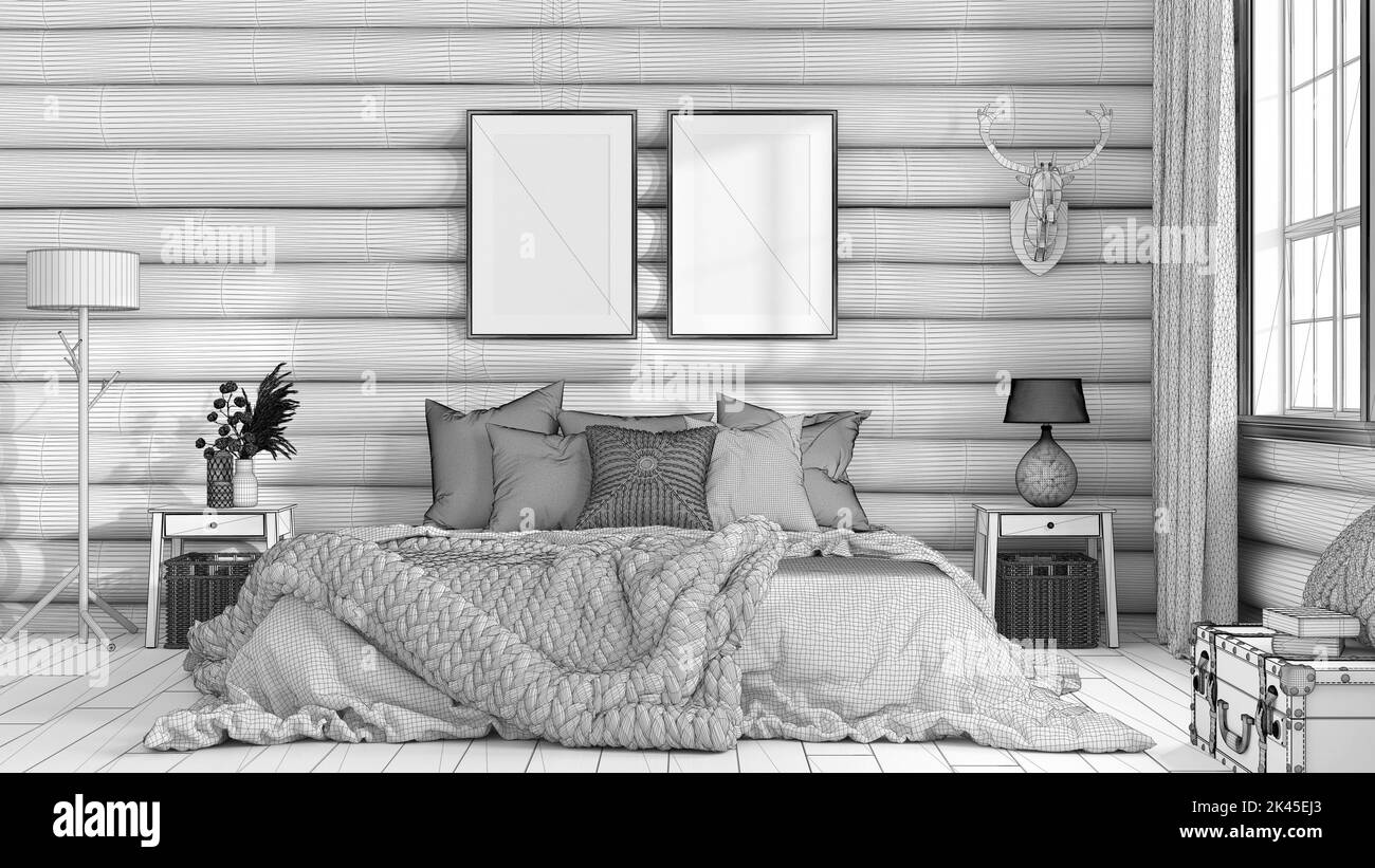 Blueprint unfinished project draft, log cabin bedroom. Double bed with blanket and duvet, wooden side tables. Frame mockup, farmhouse interior design Stock Photo