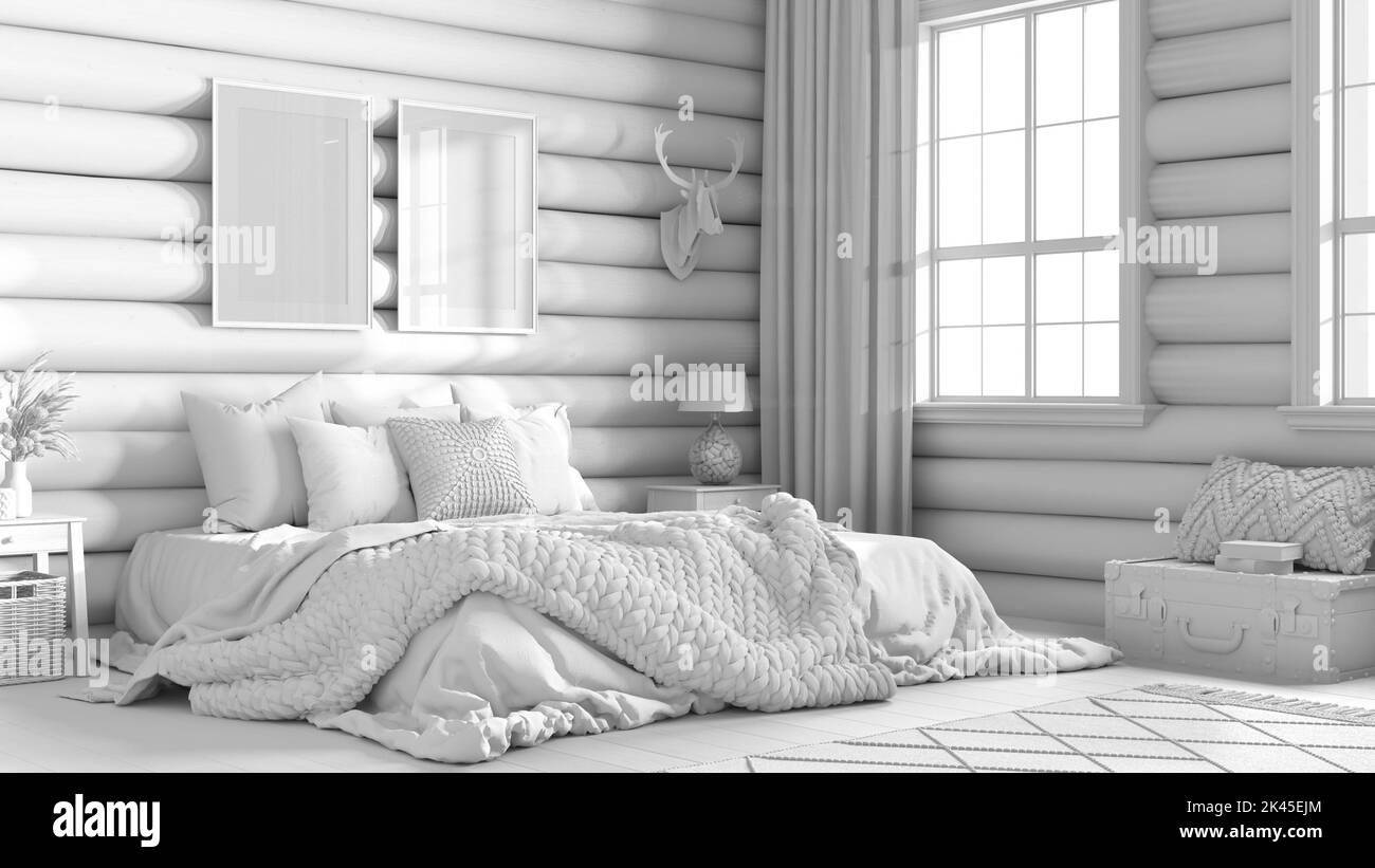 Total white project draft, log cabin bedroom. Double bed with blanket and duvet, carpet and parquet. Frame mockup, farmhouse interior design Stock Photo