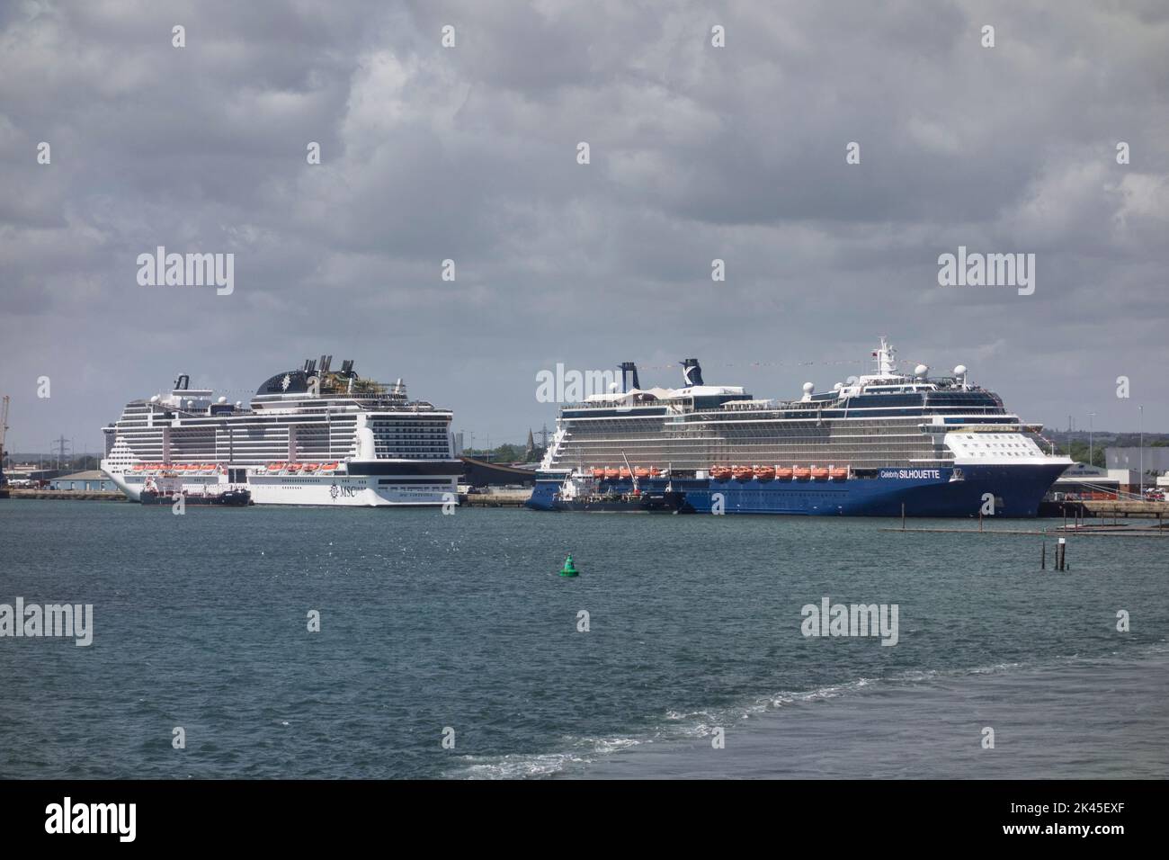 Celebrity Silhouette cruise ship and MSC Virtuosa cruise ship at Southampton port, Southampton, UK Stock Photo