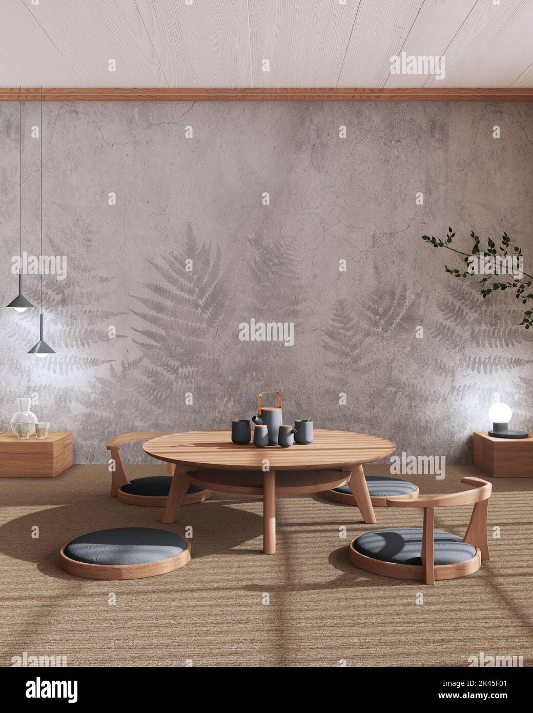 Minimalist Tea ceremony room mock up in white and gray tones, japanese style. Table and chairs